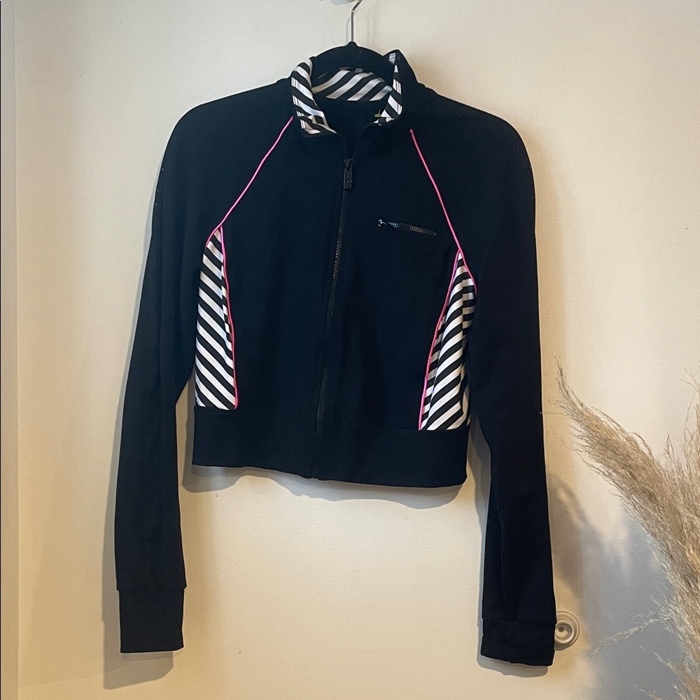 Y2K Bebe Sport Black Striped Jacket Pink Accents Sz L B122